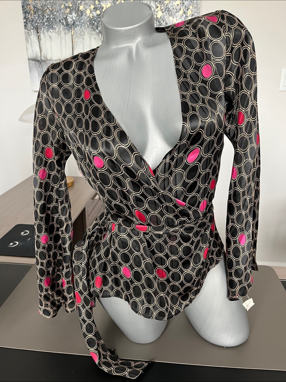 Milly of New York Black Wrap Top with Pink Dot & Chain Motif